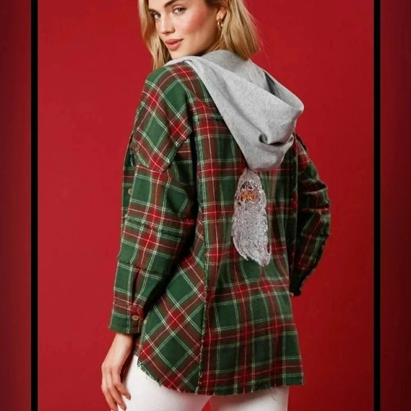 NEW Plaid Shacket Hoodie with Sequin Santa on Back - Picture 5 of 9